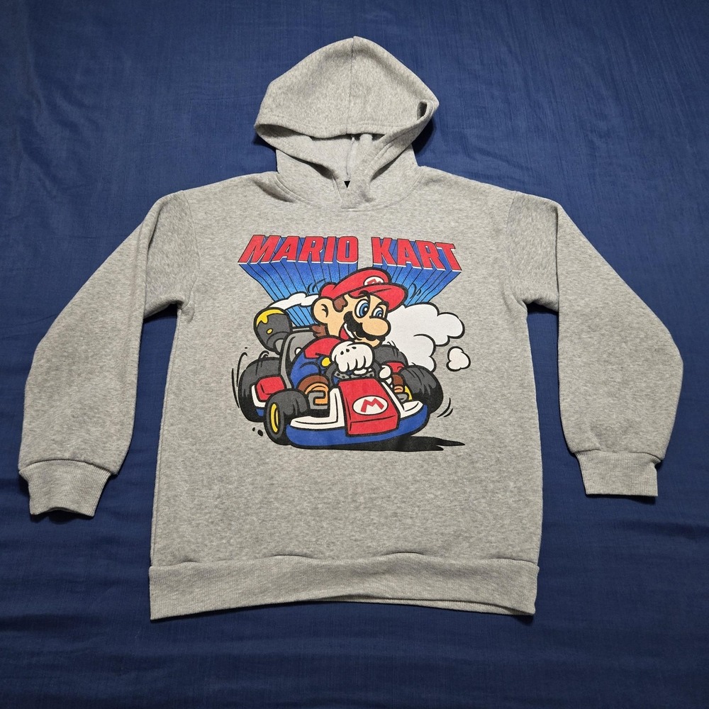 Mario Kart Hoodie Boys 10-12 Gray Fleece Pullover Mario Graphic Sweatshirt